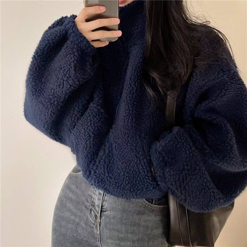 Women Stand Collar Cropped Zip - Sherpa Hoodie Fleece ulasan dan harga